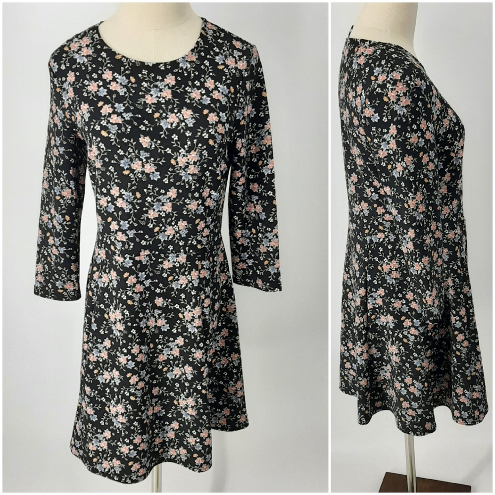 H&M Black Floral Fit and Flare Long Sleeve Skater Dress